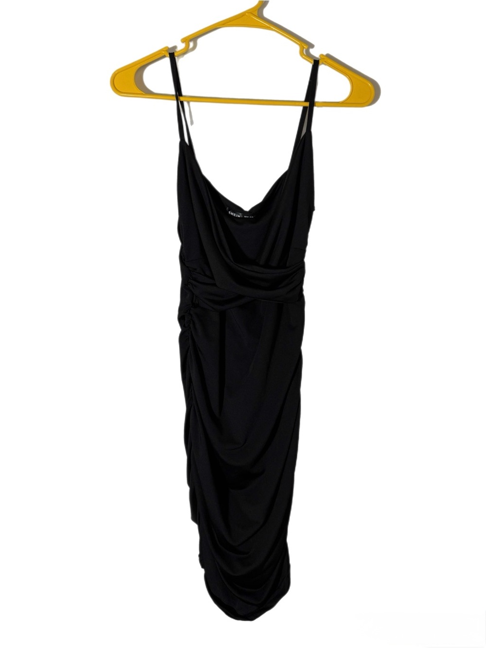 SHEIN Black Draped Midi Slip Dress with Spaghetti Straps